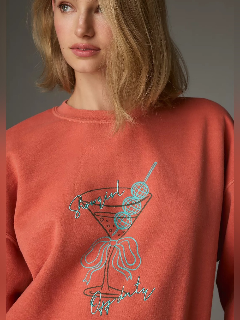 By Anthropologie Showgirl Off Duty Embroidered Coral Sweatshirt Cocktail Graphic